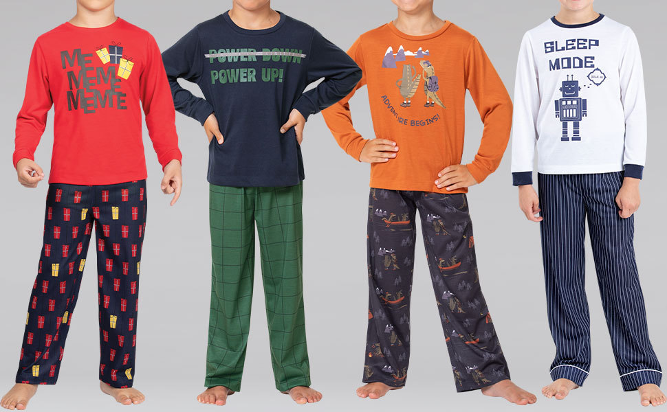 boys printed pajamas on grey background