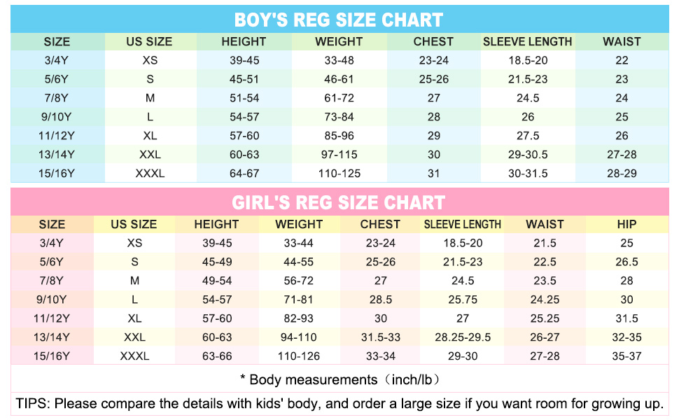 boys and girls size chart