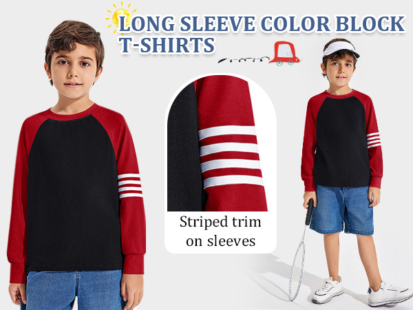 Boys Casual Cotton Long Sleeve T-Shirt Lightweight Baseball Color Block Loose Split Hem Tops Tees