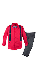 red shirt pattern bow tie charcoal pants suspender outfit spring notion