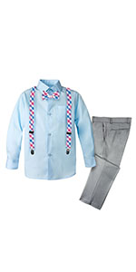 checkered suspender and bow tie baby blue shirt grey gray pants spring notion