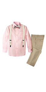 baby pink shirt khaki pants ivory suspenders pattern bow tie spring notion outfit