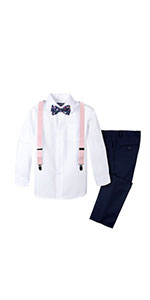 white shirt navy pants floral bow tie blush pink suspenders spring notion