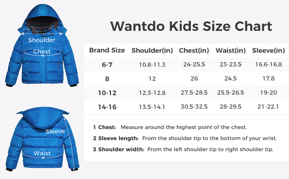 ET006 boy puffer jacket size chart