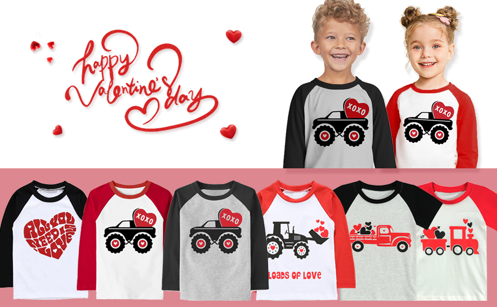 Valentine''s Day Shirt for Boys Girls Monster Truck Heart Tops Toddler Kids Raglan Sleeve T-shirt