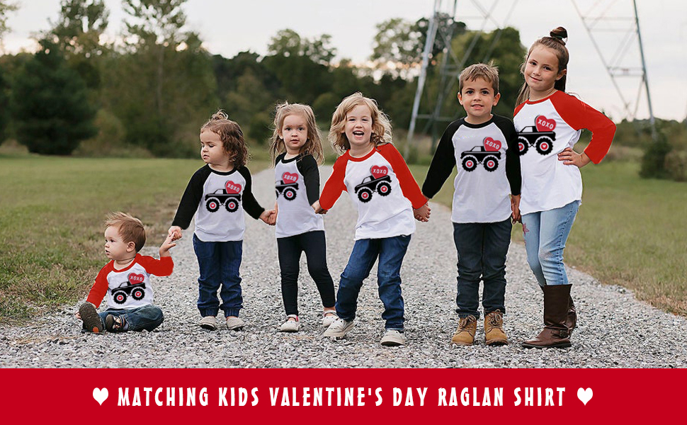 Kids Boys T-shirt Valentines Heart Shirt Monster Truck LOVE Tops Long Sleeve Raglan Toddler Tees