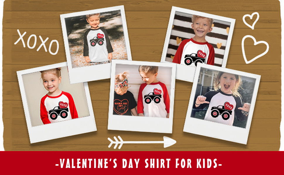 Boys T-shirt Valentines LOVE Heart Shirt Long Sleeve Raglan Toddler Tees Monster Truck Tops