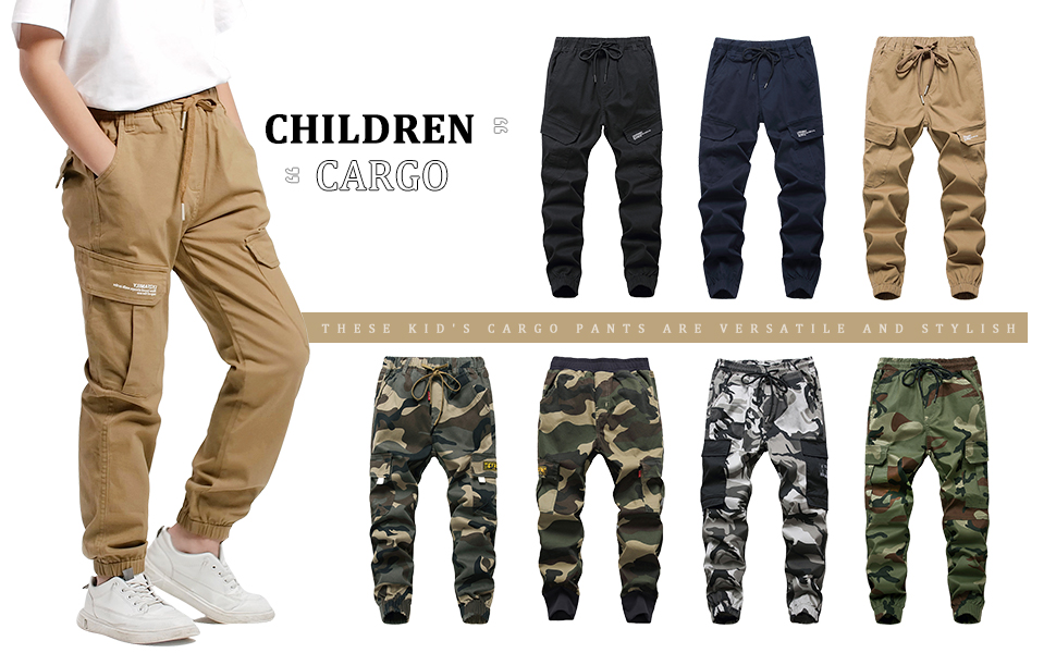 Used all over camo printing, these boys'' cargo joggers bring versatility to his wardrobe.