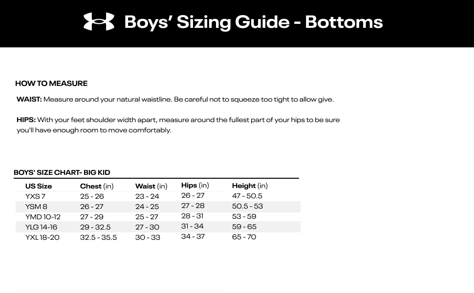 Boys Size Guide - Bottoms - Big Kid