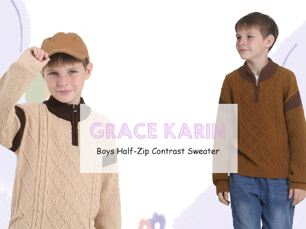 GRACE KARIN Boys Cable Knit Turtleneck Sweater 1/4 Zip-up Pullover for Kids