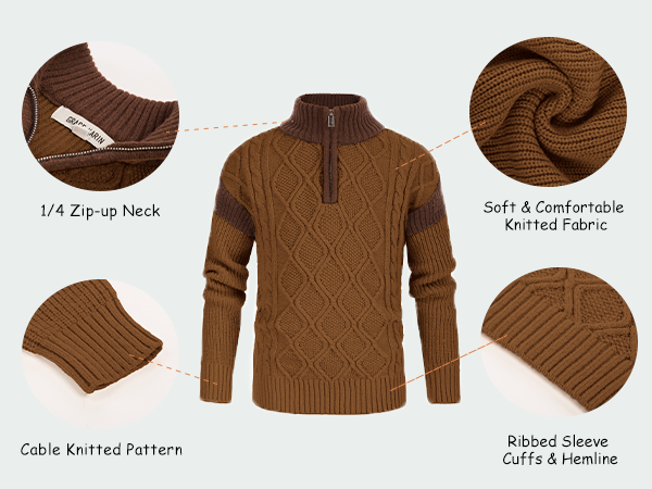 Boys 1/4 Zip Cable Knit Turtleneck Sweater