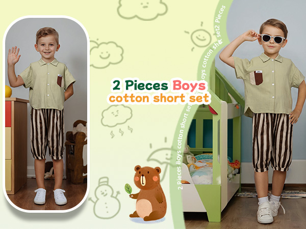 Boy''s Summer Outfits ,T-Shirt and Shorts Set , Cotton Linen ,Breathable ,Soft ,Green ,Pocket Design