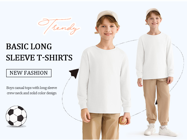 Boys'' Long Sleeve Shirt Crewneck Lightweight Cotton T-shirts Fall Fashion Tops Tees 5-14 Years