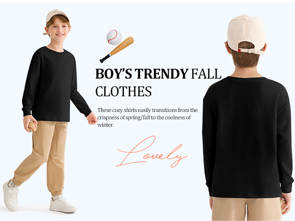 Boy''s Cotton Long Sleeve Crewneck T Shirts Kids Cotton Soft Basic Tops Tees For Tween