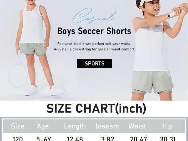 Boys Athletic Shorts Drawstring Elastic Waist 2 in 1 Running Shorts with Pockets 5-14 Years