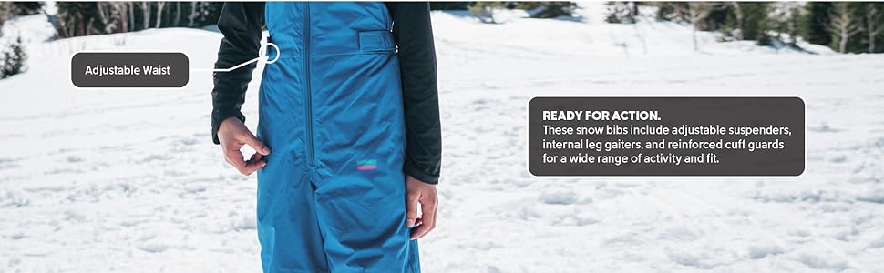 Adjustable snow bibs with suspenders and adjustable waist