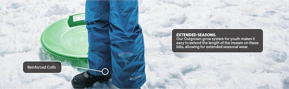 Youth snow pants with leg gaiters and extended fit