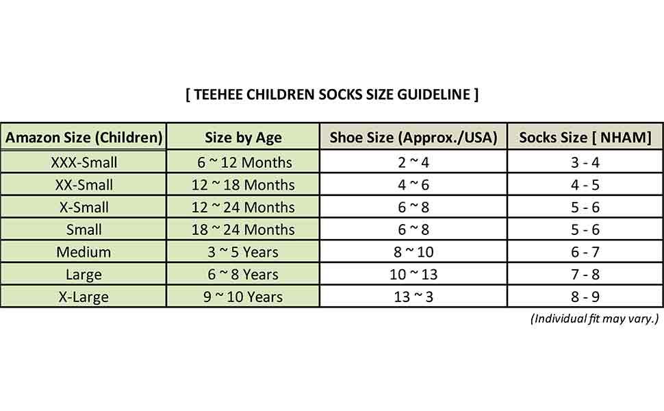 Size Guideline for Kids Crew Socks