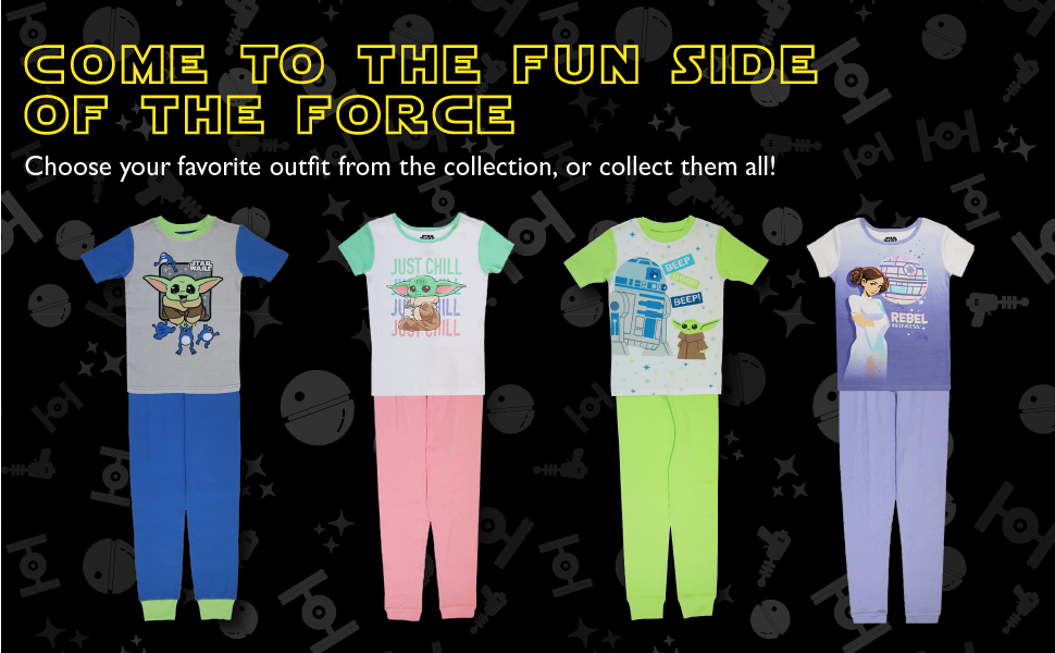 Three Star Wars boys’ pajama sets on a patterned black background. Text reads: “Collect them all!”