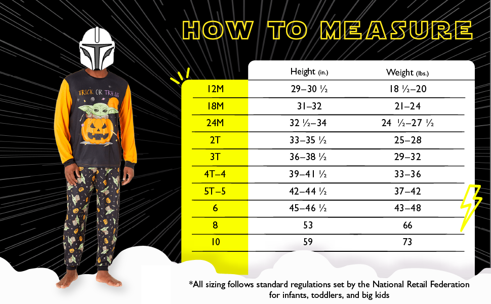  A size chart for the sleepwear pj’s