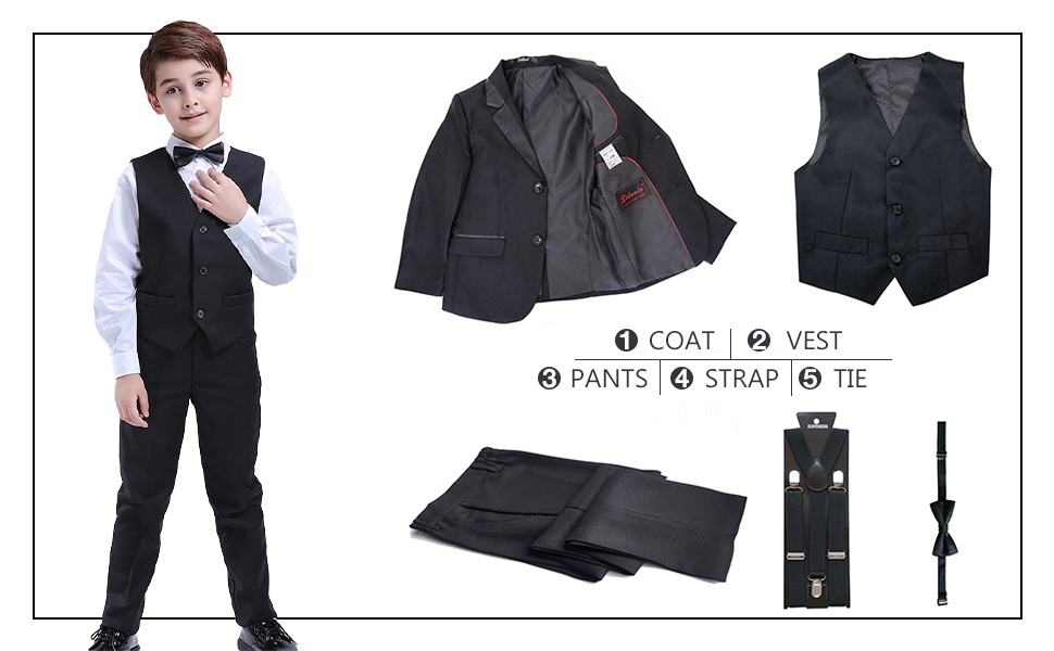 Package included: Blazer, Vest, Trousers, Clip-on Suspenders, Bow Tie