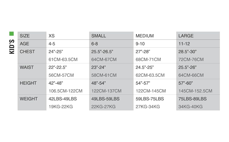 kids size chart