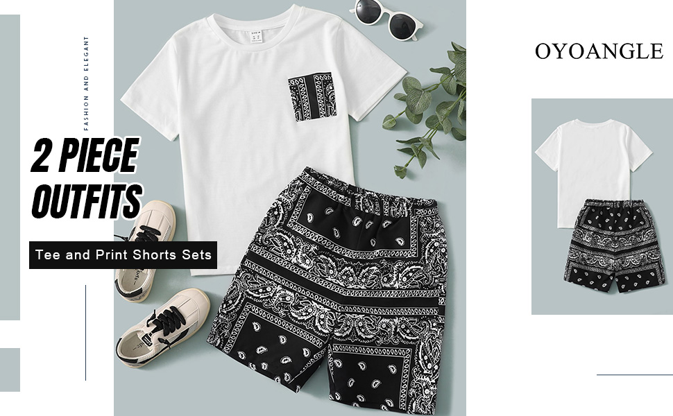 OYOANGLE Boy''s 2 piece Outfits Round Neck Short Sleeve Patched Pocket Tee and Print Shorts Sets