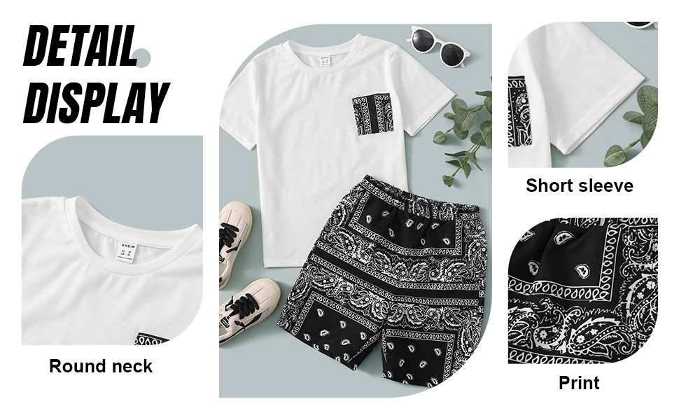 OYOANGLE Boy''s 2 piece Outfits Round Neck Short Sleeve Patched Pocket Tee and Print Shorts Sets