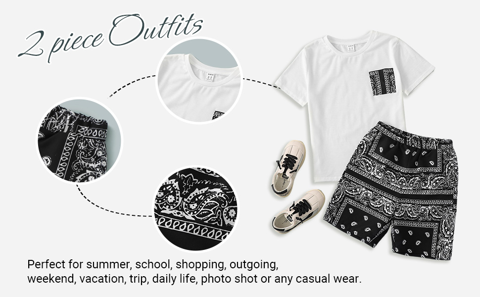 OYOANGLE Boy''s 2 piece Outfits Round Neck Short Sleeve Patched Pocket Tee and Print Shorts Sets