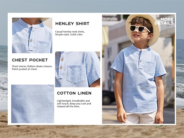 Boys Linen Shirt Button Down Henley Short Sleeve Casual Dress Summer Beach T Shirts