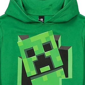 Close up of neckline on Creeper inside boys green hoodie