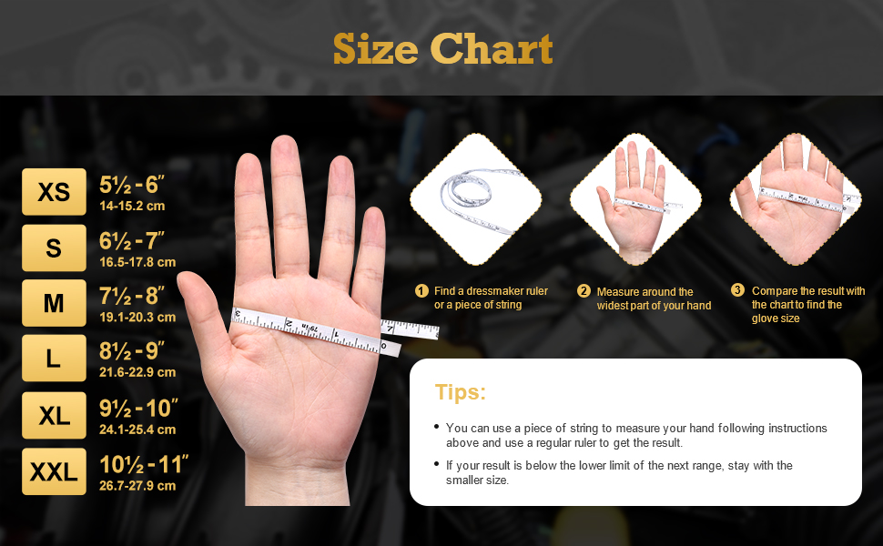 Size Chart for TitanFlex HD22K Heavy-Duty Black Nitrile Gloves (small, medium, large, XL and XXL)