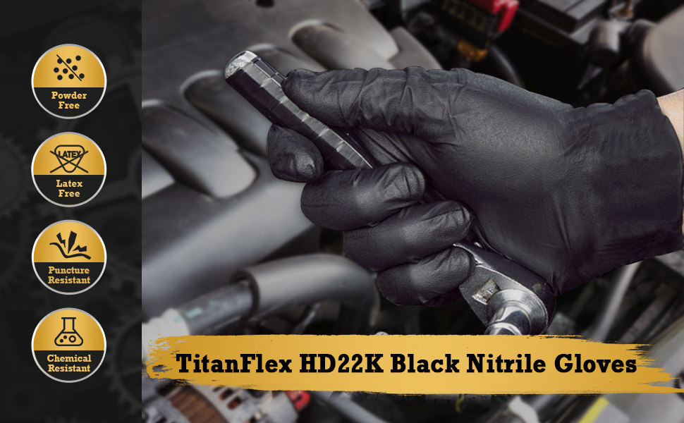 HD22K Black Nitrile Gloves are powder-free, latex-free, puncture-resistant, chemical-resistant