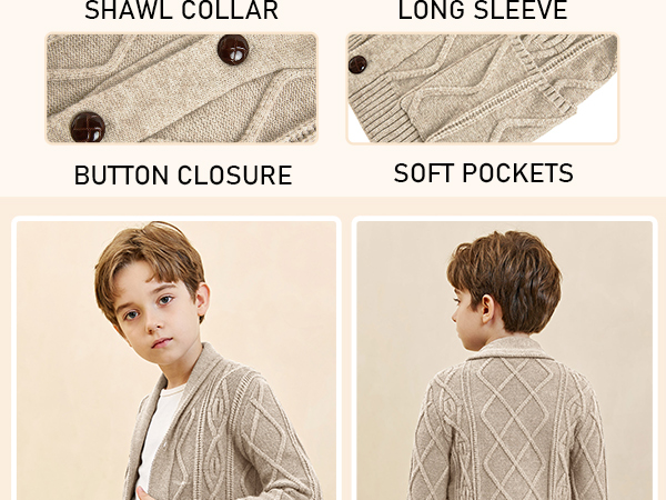 Boy''s Sweater Cardigan Button Down Shawl Collar Cable Knitted Outwear Long Sleeve Sweater Coats