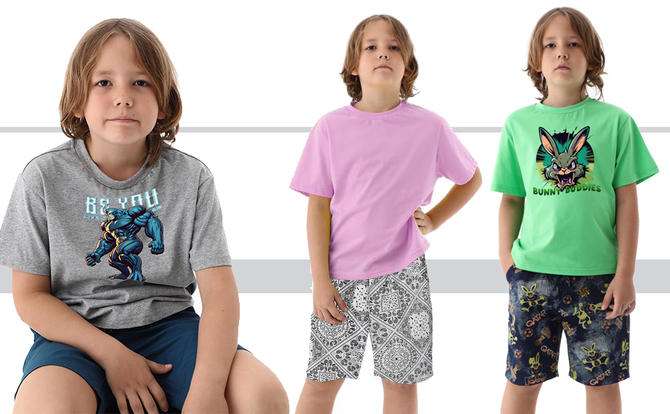 youth boys short set cotton short sleeve crewneck tee drawing shorts 2 piece cloting summer outfits