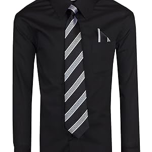 black boys long sleeve dress shirt with black and white striped tie