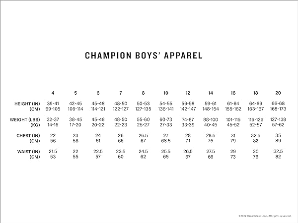 champion boys size chart