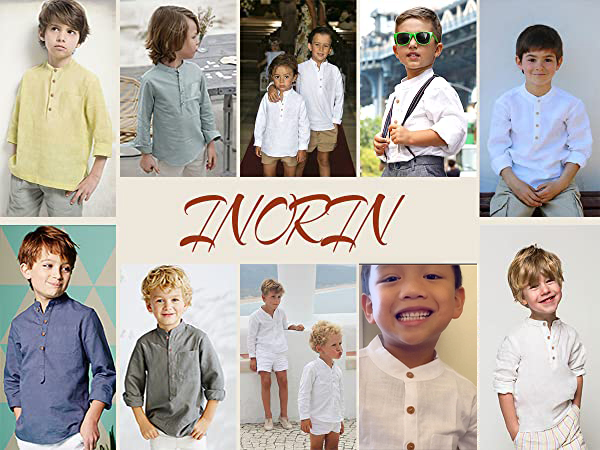 Inorin Boys Button Up Henley Shirt Long Sleeve Lightweight Linen Cotton Dress Shirts Tees Tops