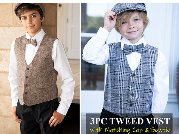 Gioberti Kids and Boys 3pc Tweed Vest with Matching Cap and Bow Tie