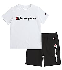 champion boys short set for kids white tee shirt and black shorts with champion logos