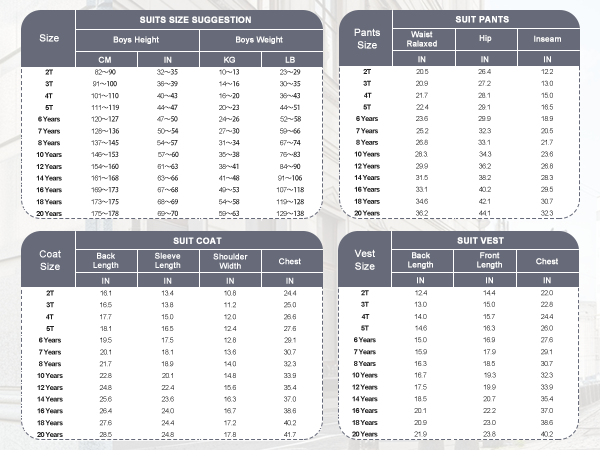 kids suit for boys size chart