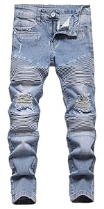 Boy''s Blue Biker Moto NO Stretch Skinny Fit Ripped Jeans Distressed Fashion Washed  Denim Pants