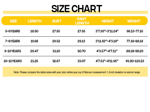 Size chart for luckyluan kids two piece sports pants set