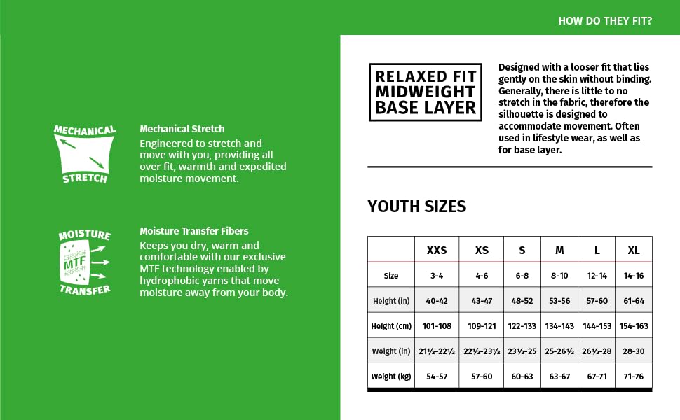 youth sizes measurement guide stretch moisture transfer xxs xs small medium large xl height weight 