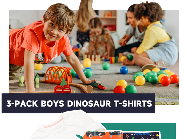 3 Pack toddler boys t shirts Cotton Adorable embroidered dinosaur printed for little kids