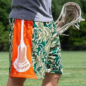 camo green and orange lacrosse shorts