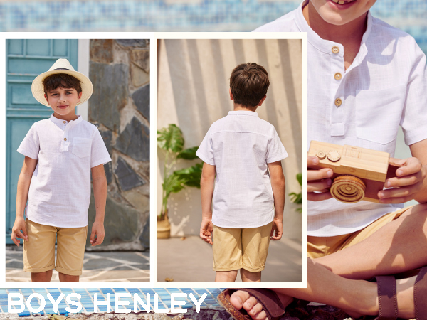 Boys Short Sleeve Henley Shirt inen Cotton Dress T-Shirts