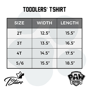 size chart boys girls  paw patrol shirt