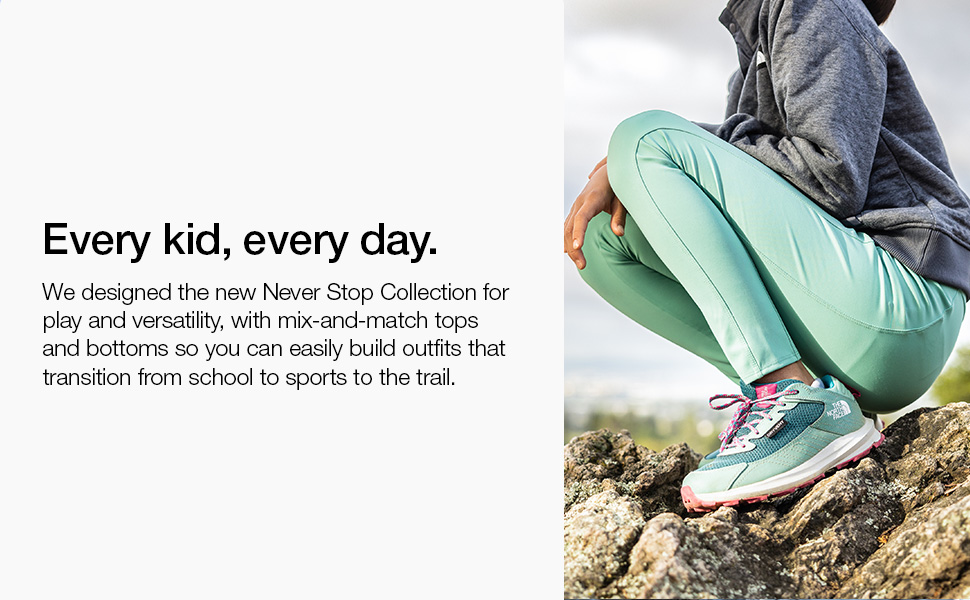 Designed for play and versatility with mix and match tops and bottoms for school, sports or a trail.