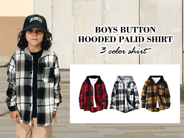 Boys Plaid Hooded Button Down Flannel Shirt Long Sleeve Jacket Top